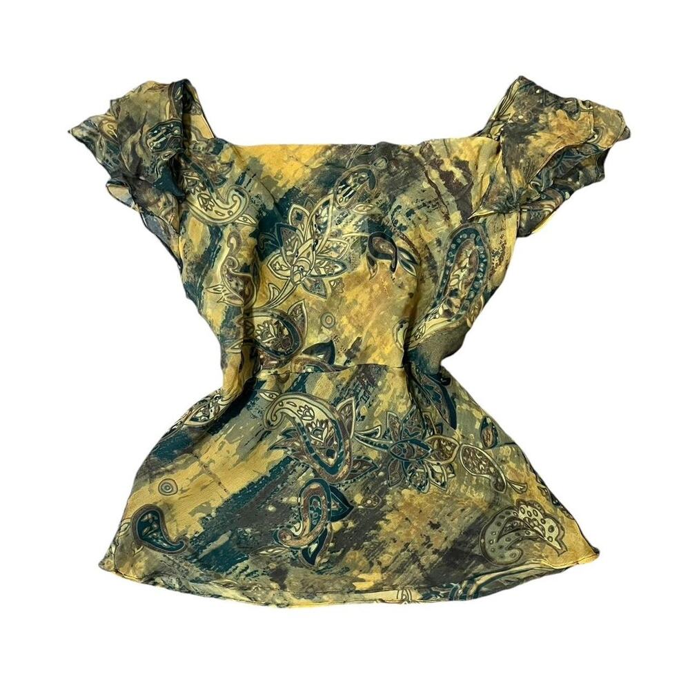 VTG Y2K Ice Yellow Multicolor Paisley Pattern Flutter Sleeve Cowl Neck Top M